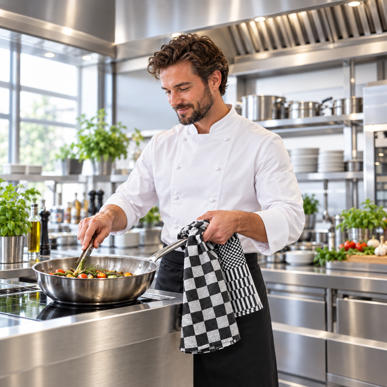 Kok gebruikt een zwart-wit geblokte doek in een professionele keuken